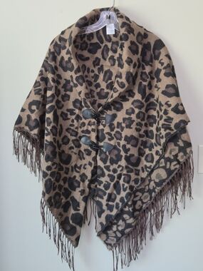 Leopard Print Fringe Toggle Poncho Shawl Brown/Black One Size